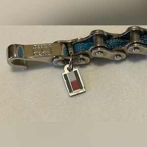 Tommy Hilfiger: Silver and Blue Bike Chain Bracelet, 7.5”